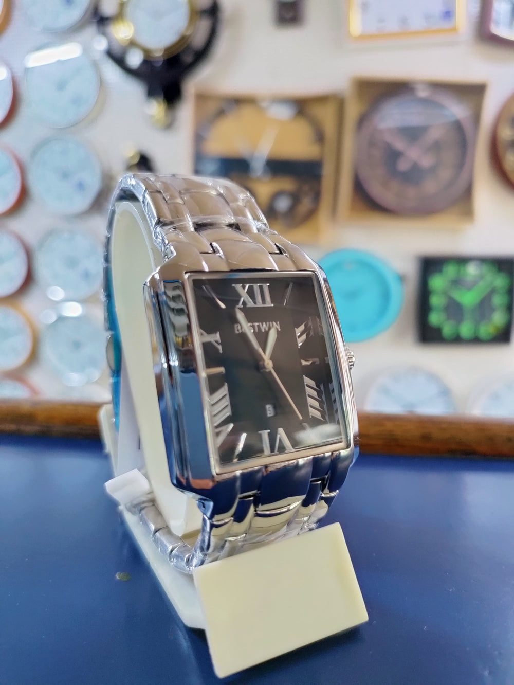 BESTWIN Black Rectangle Silver Strap Watch