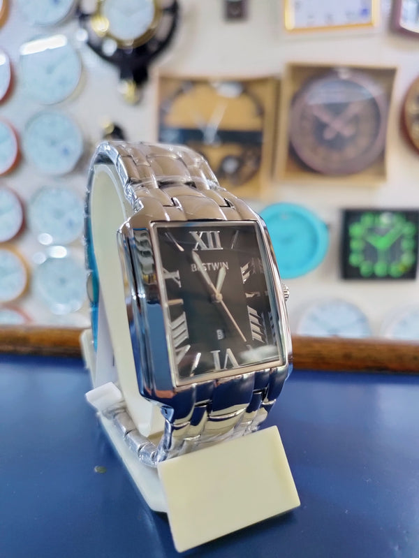 BESTWIN Black Rectangle Silver Strap Watch