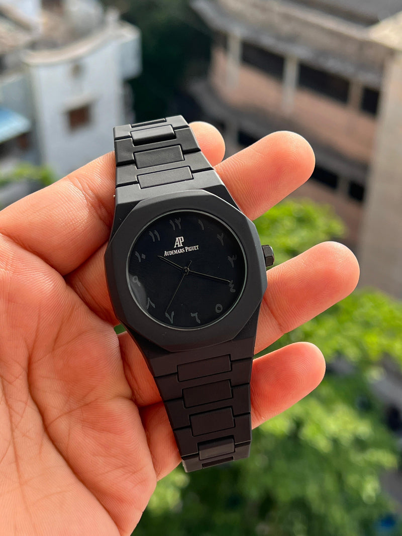 Premium Matte Black Watch for Men with Arabic Numerals | Minimalist Stainless Steel Chain detail